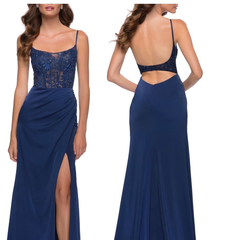 La Femme Navy Satin Dress